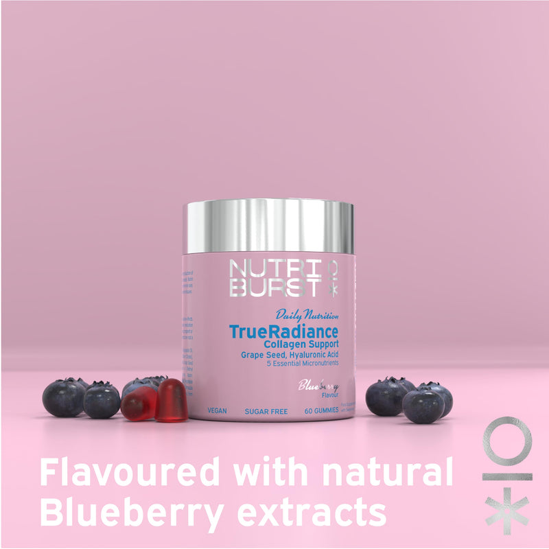 Nutriburst - TrueRadiance Collagen Support Gummies for Healthy Hair, Skin & Nails - Biotin (100µg), Hyaluronic Acid (50mg), Vitamin A (400µg) + Vitamin C (80mg) - 60 Gummies 1 Month Supply 60 Count (Pack of 1) Collagen Booster