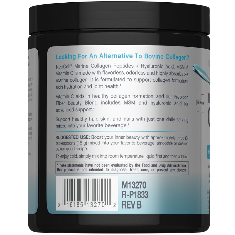 NeoCell Marine Collagen Peptides Powder | 7 oz | Unflavored Supplement | With Vitamin C and MSM | Plus Hyaluronic Acid | Prebiotic Fiber Beauty Blend | Hair, Skin, & Nails | for Women and Men