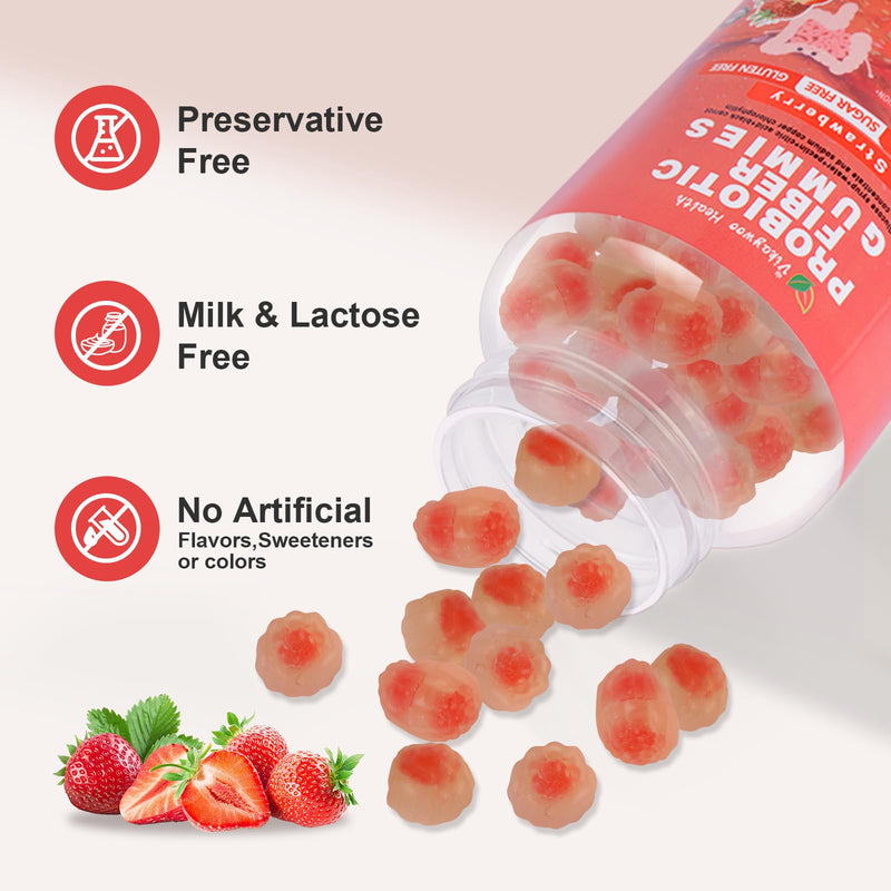 Probiotic Fiber Gummies for Adults, No Sugar Added Strawberry Flavor– 2 Billion CFUs –Vitamin C,Vitamin D–Digestive Health & Regularity Support(120 Count) 2 Count (Pack of 60)