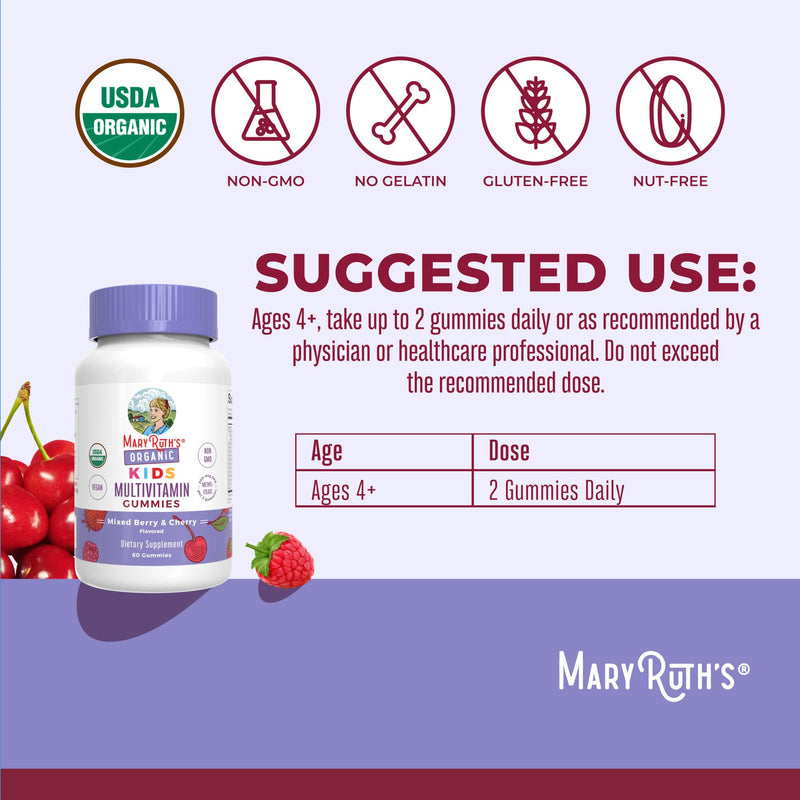 MARYRUTH'S USDA Organic Multivitamin Gummies, Ages 4+, Kids Vitamins, 60ct | 1 Month Supply, Vegan, Only 2 Gummies a Day, 60 Count