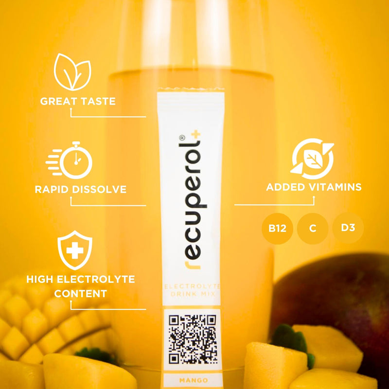 Recuperol Electrolytes Sachets - Rehydration Electrolytes Powder with Zinc, Vitamin C, B12, D3 & Potassium for Hydration - Sugar Free, Vegan & Low Calorie - Mango 20 Pack