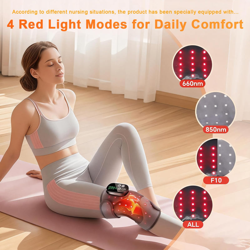 Red Light Knee Wrap with Heat & Vibration, 660nm & 850nm Light, 3 Vibration Modes, 5000mAh Cordless Heated Wrap for Daily Comfort, Suitable for Knee Elbow Shoulder Grey