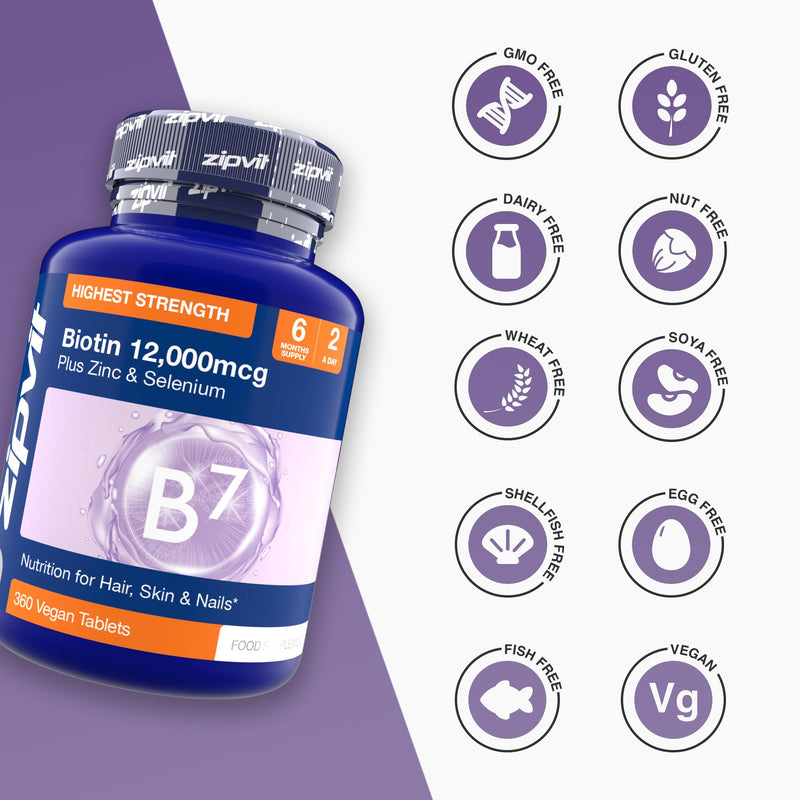 Zipvit Biotin Hair Skin & Nails Complex with Zinc & Selenium 12000mcg, 360 Vegan Tablets, High Strength Biotin for Men and Women 360 Tablets - Jar