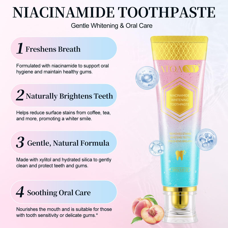 Niacinamide Whitening Toothpaste, 2 Pack Intensive Stain Removal Toothpaste for Yellow Teeth, Gum Care, Fresh Mint & Peach Breath, Tartar Control, Deep Clean for Men and Women, 3.5oz 3.8 Fl Oz (Pack of 2)