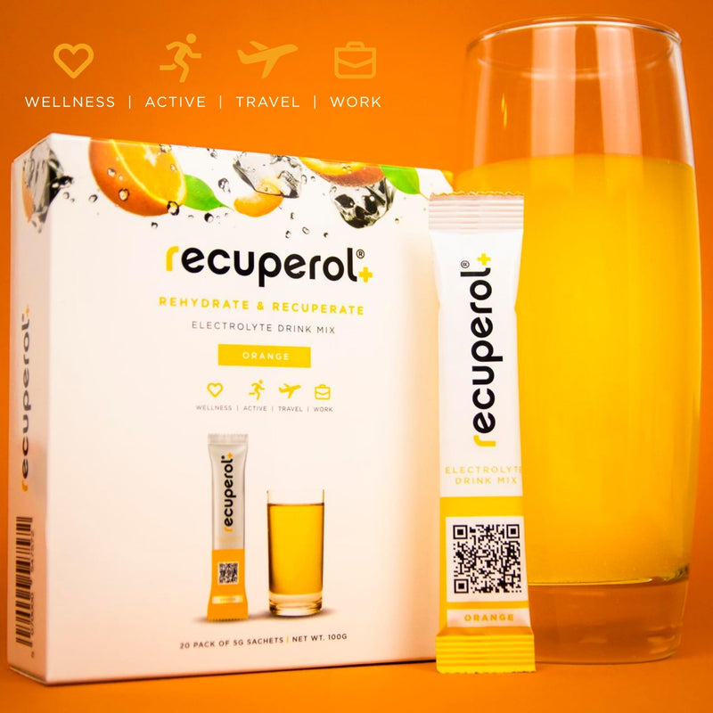 Recuperol Electrolytes Sachets - Rehydration Electrolytes Powder with Zinc, Vitamin C, B12, D3 & Potassium for Hydration - Sugar Free, Vegan & Low Calorie - Orange 20 Pack