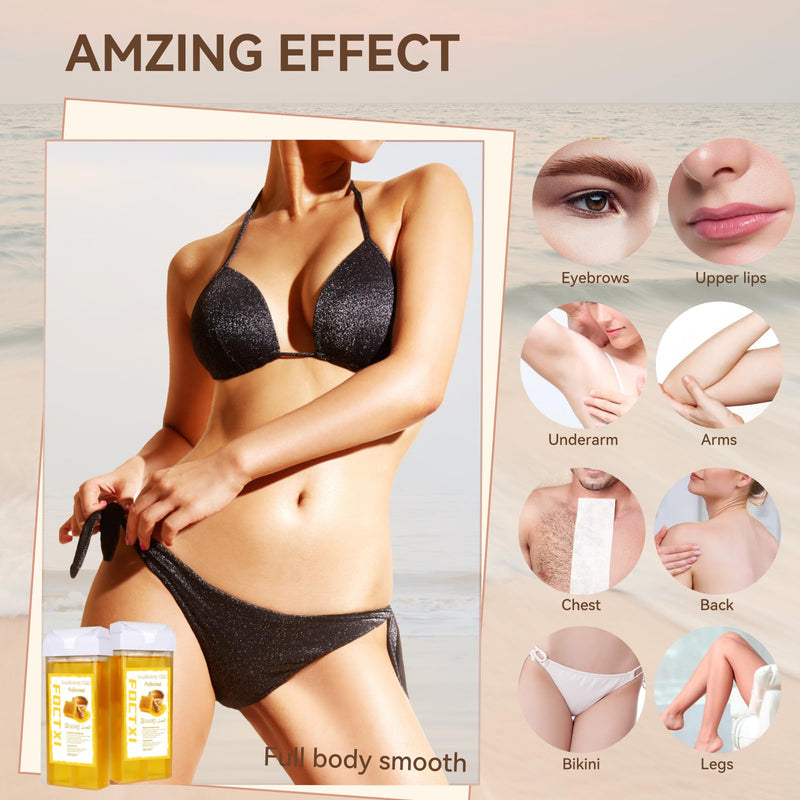 [Australia] - Hair Removal Kit for Hair Removal for Women and Men with Strip, Roll On Wax Kit with 2 Honey Soft Wax Cartridge & 100 Non-Woven Wax Strips, at Home Waxing Kit for Women, Soft, Yellow 