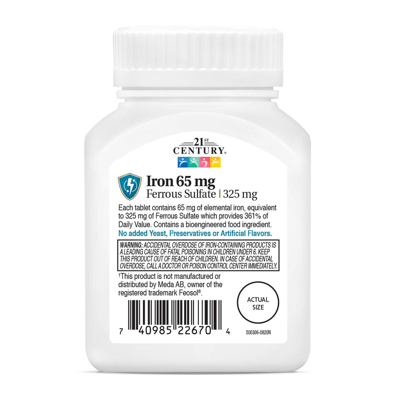 [Australia] - 21st Century Iron 65 mg Ferrous Sulfate 325 mg Tablets, 120 Count Unflavored 120 Count (Pack of 1) 