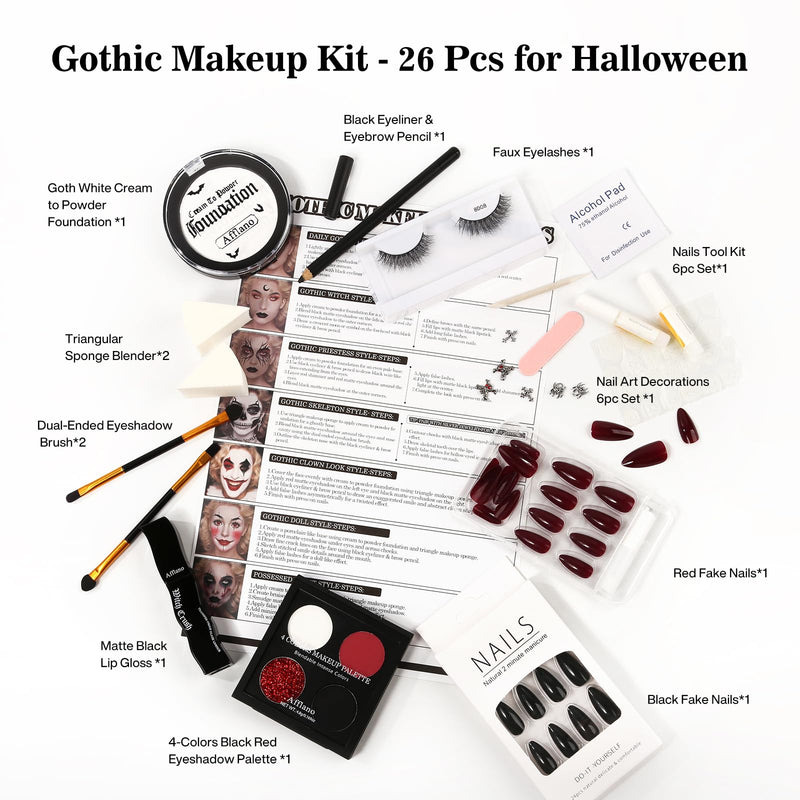 [Australia] - Halloween Goth Makeup Kit, Complete Gothic SFX Makeup Set with White Foundation, Black Red Eyeshadow Palette, Black Lipstick, Eyelashes, Eyeliner, Fake Nails for Clown, Vampire, Emo, Cosplay, Theater 