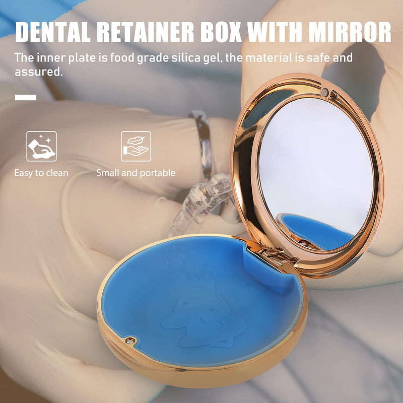[Australia] - Healifty Portable Dental Retainer Box Dental Braces Case Practical Invisible Denture Case Dental Mouth Guard Case with Mirror Oral Care Box (Golden), 8.7X2.7CM 