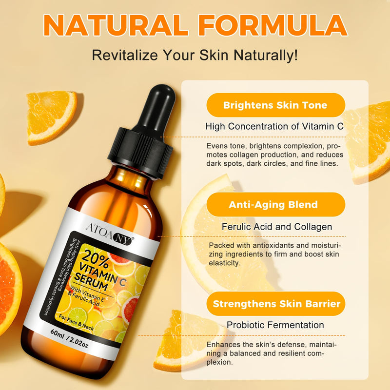 Vitamin C Serum,Anti Aging Facial Serum with Vitamin C,Reduce Dark Spots - Acne & Wrinkles, Brightening Serum, Even Skin Tone, Eye Area, Boost Skin Collagen,Hydrate & Plump Skin 60ml (2pcs) 2.02 Fl Oz (Pack of 2)