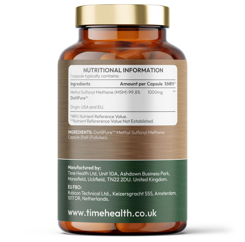 DistilPure MSM - Plant-Derived Sulphur 1000mg Capsules - UK Manufactured - Zero Additives - Pullulan - 120 Capsules 120 count (Pack of 1)