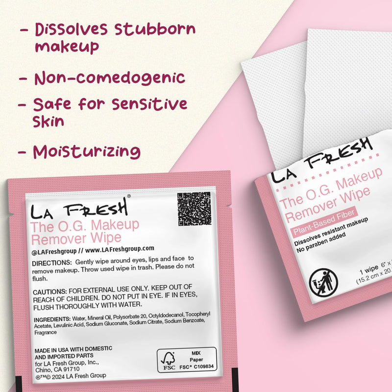 LA Fresh Makeup Remover Facial Cleansing Wipes Pack of 50ct Individually Wrapped 6x8” Wipes Made With Vitamin E To Leave Skin Soft And Smooth Convenient Size For Purse, Gym Bag, Nightstand, Car, Travel Size 50 Count