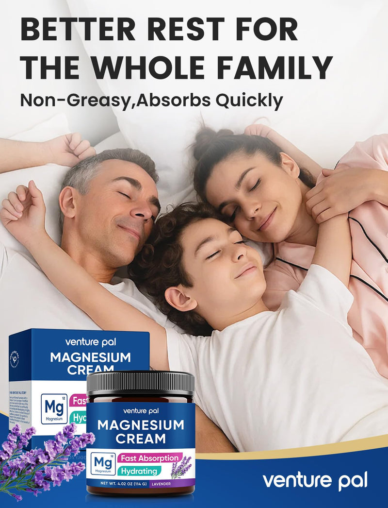 Venture Pal Topical Magnesium Cream, Highly Concentrated Magnesium Lotion | Fast-Absorbing Magnesium Moisturizing Cream with Coconut Oil, Shea Butter & Hyaluronic Acid; Suitable for Kids 4 Fl Oz (Pack of 1) V1-Lavender