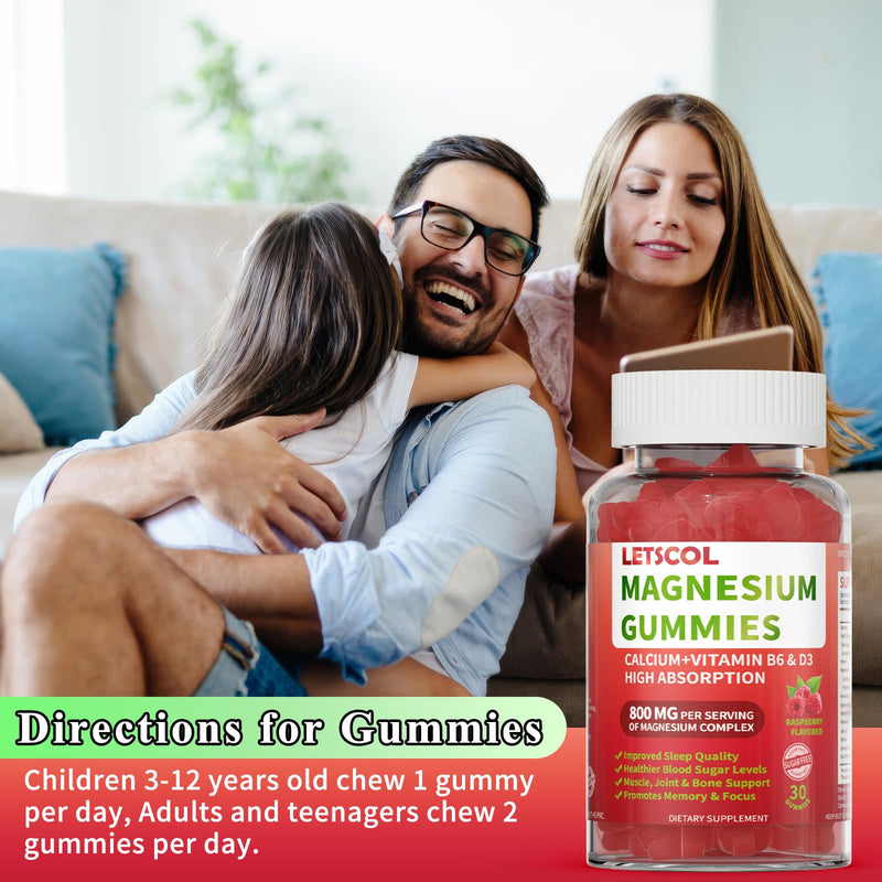 Magnesium Glycinate Gummies 800mg Per Serving, Sugar Free Magnesium Supplement with Magnesium Malate, Calcium, Vitamin D3, B6, CoQ10 for Calm Support & Zzz for Adults Kids Raspberry 30 Count (Pack of 1)
