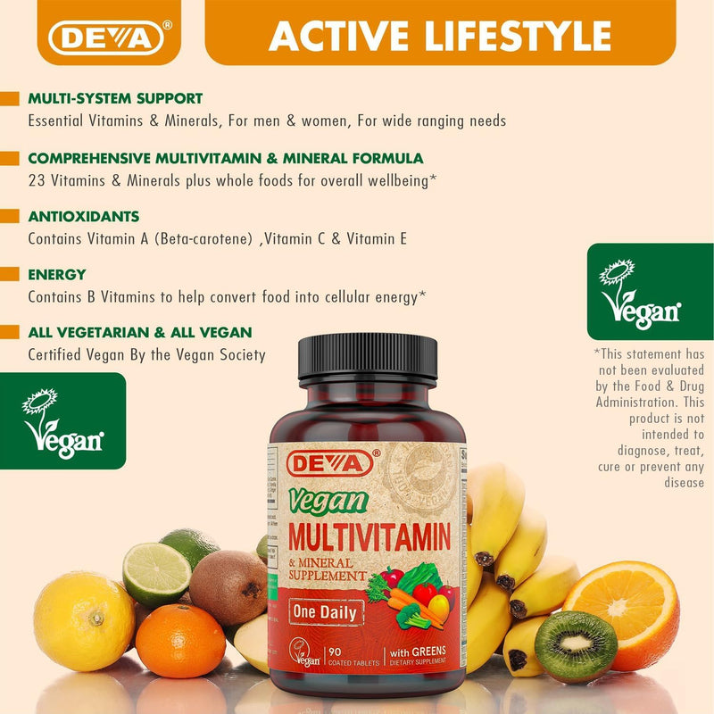 Deva Vegan Multivitamin and Mineral Supplement - Once-Per-Day Formula with Greens - Vitamins A, C, D, E, B Complex, High-Potency Formulation for Daily Health and Wellness- 90 Coated Tablets, 1-Pack 90 Count (Pack of 1)