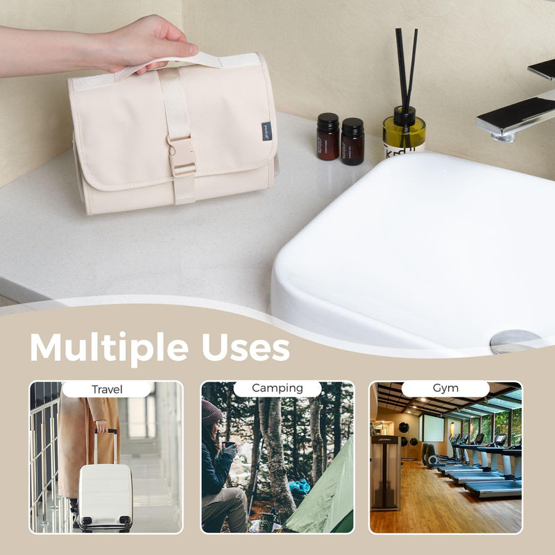 pack all Hanging Travel Toiletry Bag, Compact Size, Coated Knitted Fabric | Water-Resistant, Wet & Dry Separation, 360° Swivel Hook, Multiple Compartments, Stores Toiletries & Accessories, Light Beige