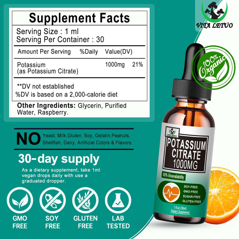 [Australia] - Potassium Citrate Liquid Drops,Potassium Supplement 1000mg Liquid Support Muscle Cramp Relief, Heart Health and Sleep,Highly Absorbable for Adults Women & Men, Vegan, 30 Servings 