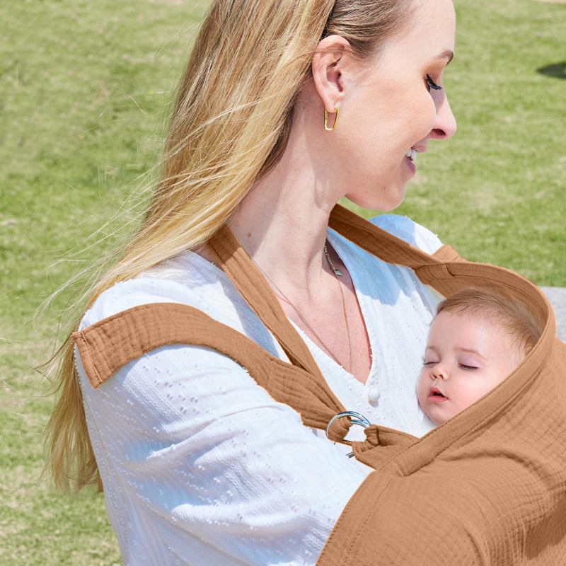 [Australia] - Muslin Nursing Cover for Breastfeeding, Breathable 100% Cotton Privacy Nursing Covers with Rigid Hoop for Mother Nursing Apron, Include Two Baby Bibs, Soft Arch Neckline Nursing Apron Brown 