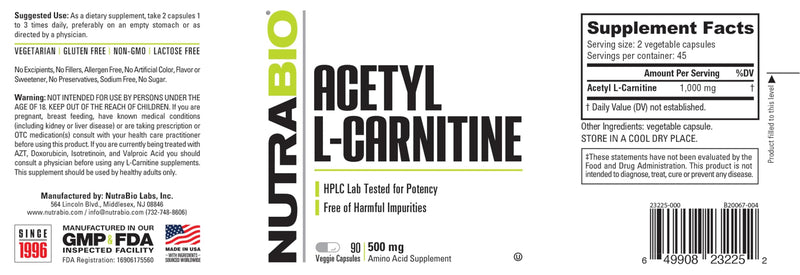 [Australia] - NutraBio Acetyl L-Carnitine (ALCAR) Supplement, 500mg - Support Natural Energy Production, Metabolic Management, and Overall Health, 90 Capsules 90 Count (Pack of 1) 