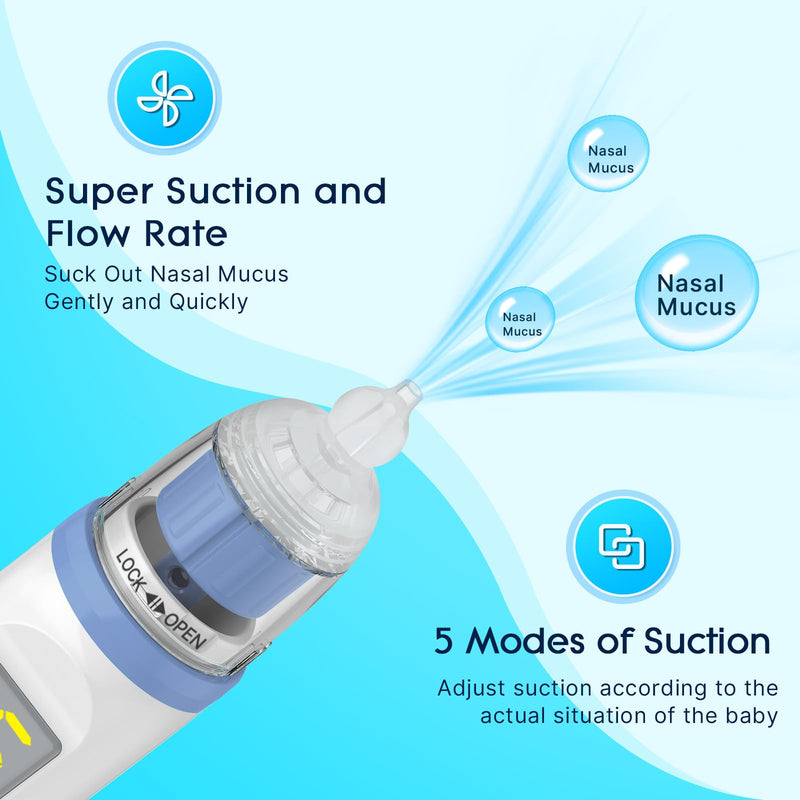 [Australia] - Electric Nasal Aspirator for Baby, Nose Aspirator for Toddlers, Rechargeable Baby Nose Sucker, Nose Cleaner with 3 Silicone Tips, 5 Suction Levels, Music and Light Soothing FunctionÔºåBlue Blue 
