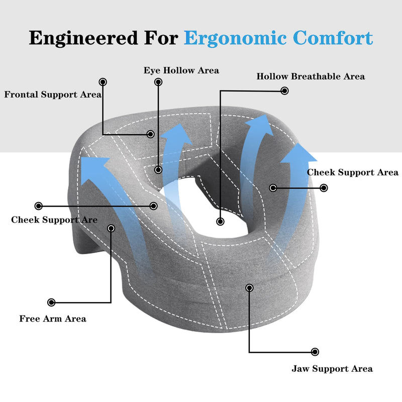 [Australia] - Ergonomic Face Down Pillow for Massage – Memory Foam Face Pillow with Detachable Cover, Ideal for Prone Sleepers, Stomach Sleeping, Post-Eye Surgery Recovery, Spa, and Beach Tanning (Grey) Grey 
