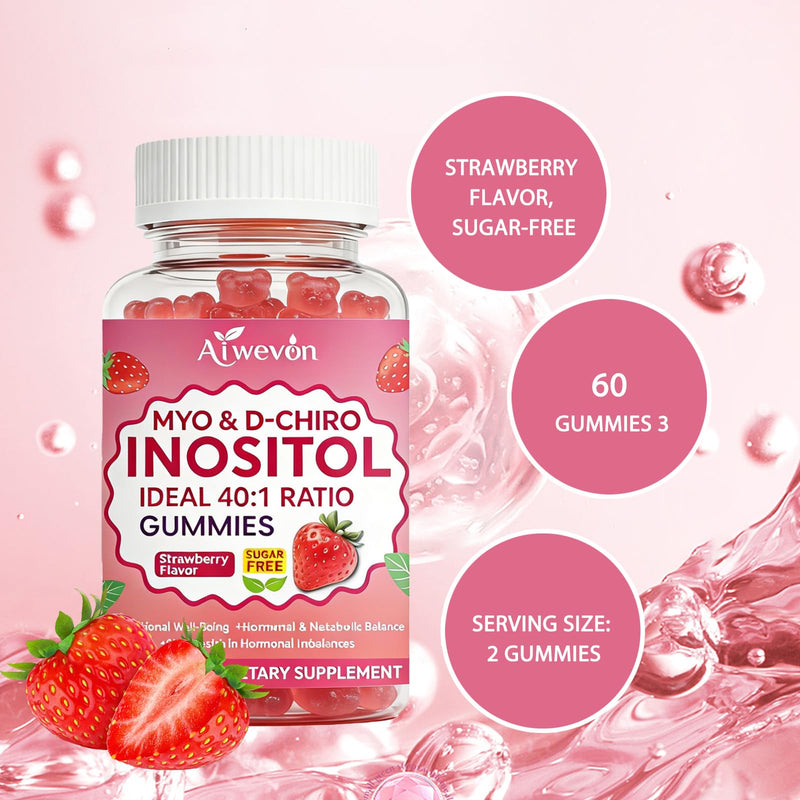 Myo-Inositol & D-Chiro Inositol Gummies 40:1 Ratio – Hormone Balance Supplement for Women – Ovarian & Fertility Support with Vitamins – Myo Chiro Inositol Gummies for Womens Health, 60 Count