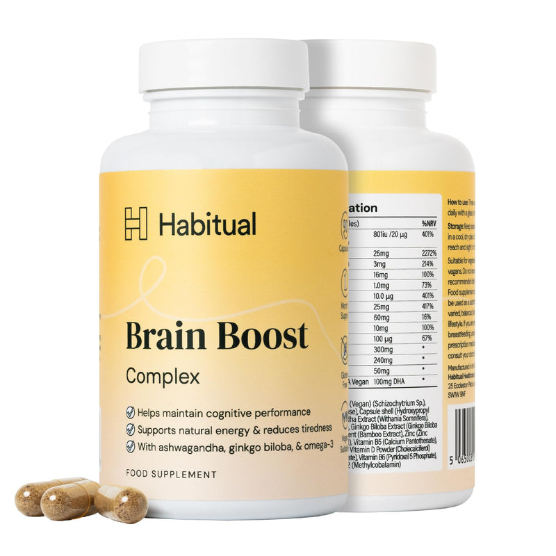 Habitual Brain Boost Complex | Nootropic Supplement with Ashwagandha, Ginkgo Biloba & Vegan Omega-3 | Focus, Memory & Mood Support | 7 B Vitamins, Zinc & Vitamin D | Vegan & Gluten-Free Capsules