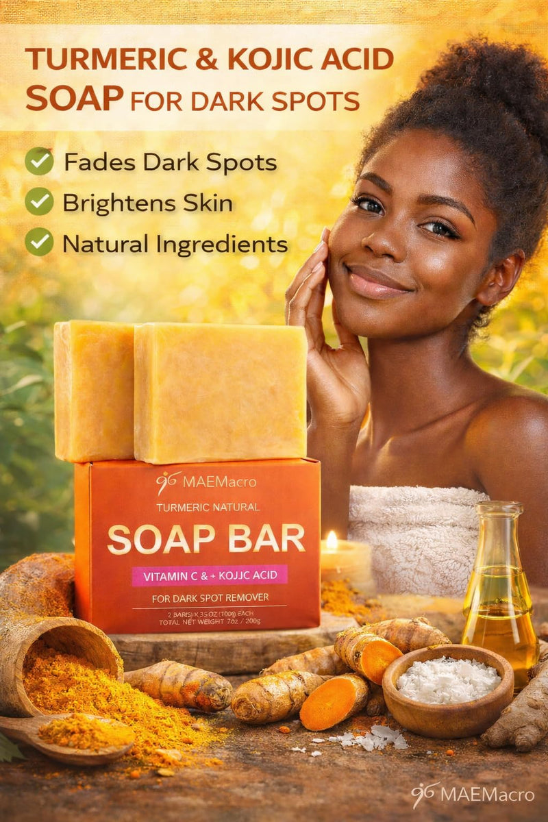 MAEMacro Turmeric & Kojic Acid soap bar with Vitamin C, Retinol, Collagen, Hyaluronic Acid, and Vitamin E | Reduce Dark Spots | Fine Lines, and Improve Skin Tone (2 Soap Bars)
