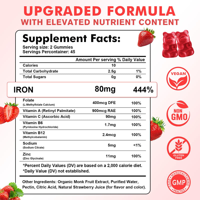 90 Count | Iron Supplement for Women, Men & Kids, Iron Gummies for Iron Deficiency & Anemia with Vitamin C B6 B12,Folate-Iron Supplement Support Bl♡♡d Oxygen & Energy Boost, Vegan,Non-GMO &Gluten Free Strawberry 90 Count (Pack of 1)
