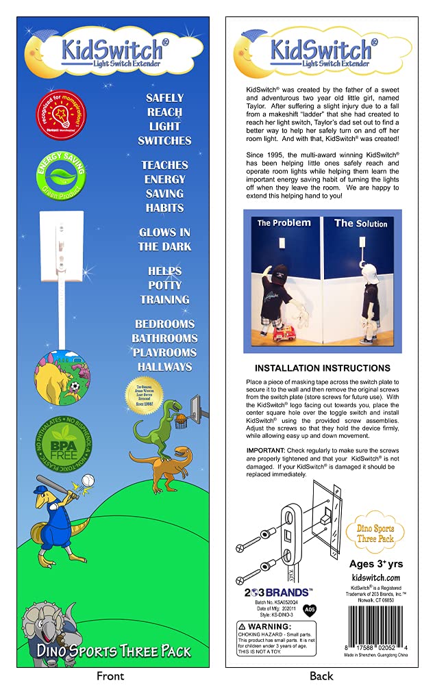[Australia] - Light Switch Extender for Kids (3 Pack, Dinosaur Theme) - Glow in The Dark Toggle Switch Extension - Kids light switch extender - Quick Install, Easy Grab Extension, Award Winning 