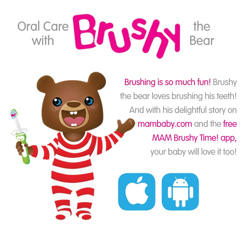 [Australia] - MAM Training Toothbrush for Babies (1 Baby's Brush with Safety Shield), Baby Toothbrush with Brushy The Bear Character, Interactive App, for Girls 5+ Months, Pink (Pack of 2) 1 Count (Pack of 2) 