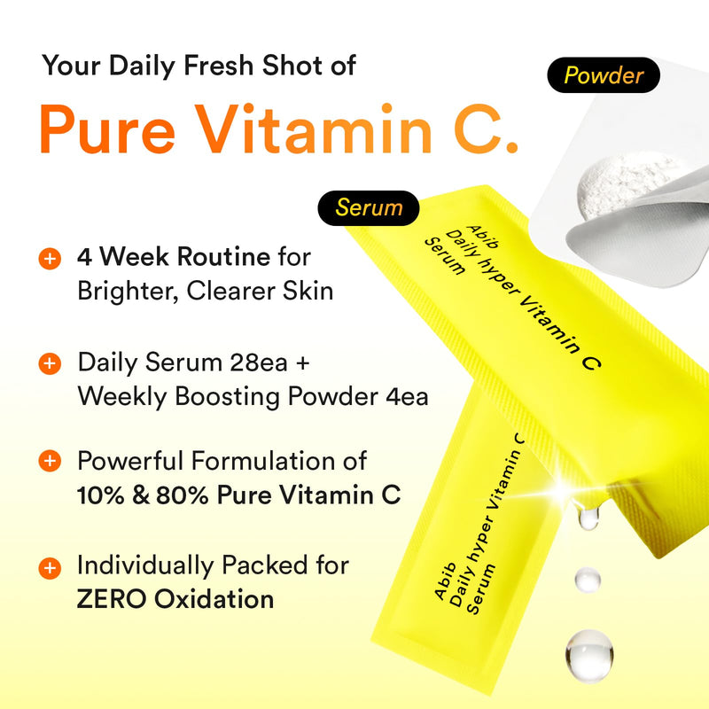 Abib Hyper Vita Shot 28 Days Program 1.42fl.oz.+0.03oz/42ml+0.8g | 10% Vitamin C Serum Individual Daily Pouches with Weekly Booster Powder, Ascorbic Acid, Korean Skin Care