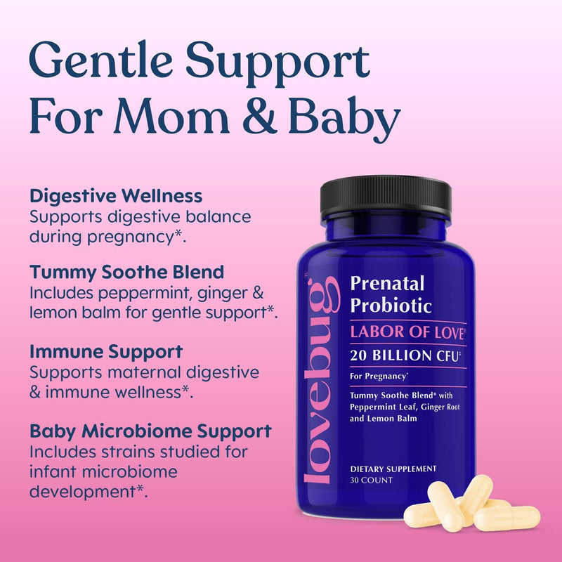 LOVEBUG Prenatal Probiotic | Helps with Morning Sickness, Nausea, Heartburn & Digestion | Helps Baby Microbiome | Multi Strain 20 Billion CFU | 30 Capsules 30 Count (Pack of 1)