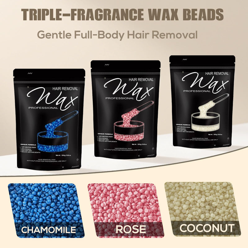 [Australia] - Wax Beads 3 Packs (300g/Each),Hard Wax Beads with 3 Go-To Scents - Wax Beads for Hair Removal and Sensitive Skin,Waxing Beans for Brazilian Bikini,Face,Body,Legs,Armpit Rose/Chamomile/Coconut 32 Ounce (Pack of 1) 