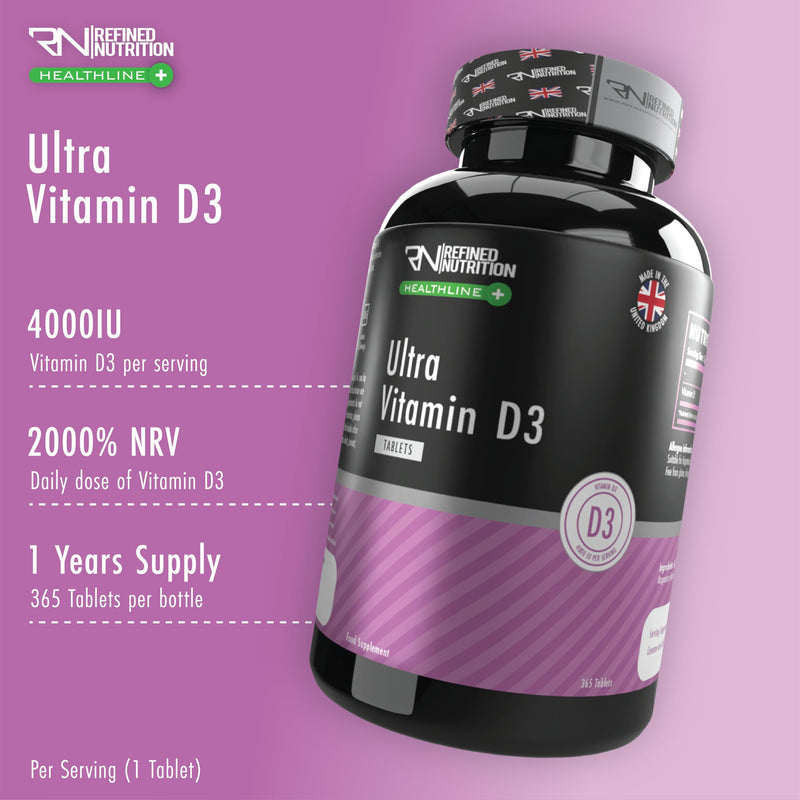 Refined Nutrition Ultra Vitamin D3 4000 IU | 365 Tablets for a 1 Year Supply | High Strength Supplement for Immune System & Muscle Function | Halal & Vegetarian | Made in UK
