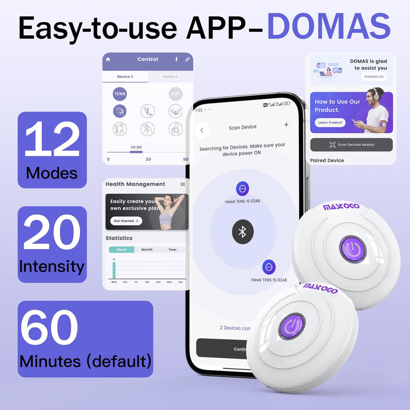APP Wireless TENS Unit Muscle Stimulator 12 Modes for Pain Relief | Dual Host Independent Control, EMS Muscle Stimulator for Back, Shoulder, Legs Pain Relief, 20 Intensity, 8 Pcs Electrode Pads