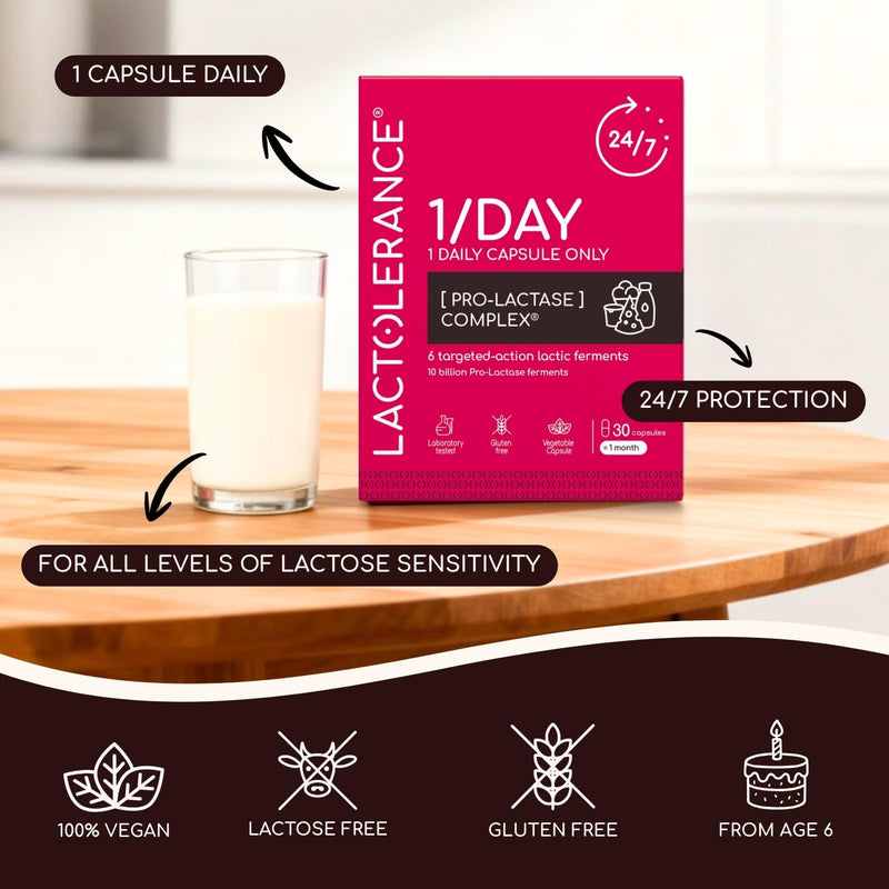 LACTOLERANCE 1/Day | Daily Probiotic for Lactose Intolerance | 10 Billion CFU Lactase Precursor | 24h Dairy Digestion Support | Only 1 Capsule Per Day | 30 Vegetarian Capsules Neutra