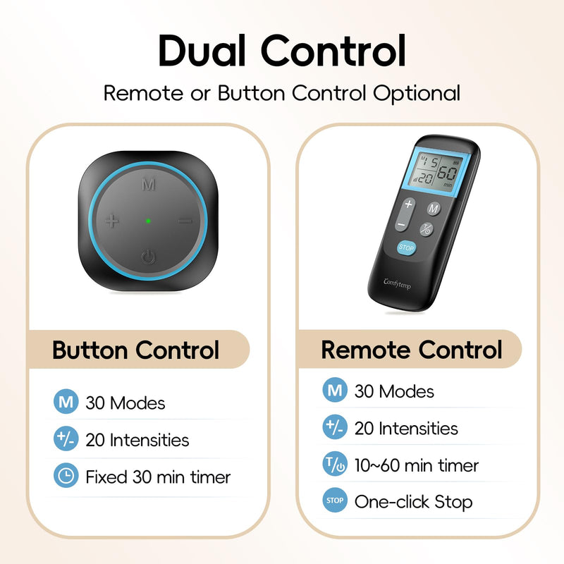 Comfytemp Wireless TENS Unit Muscle Stimulator for Pain Relief with Remote | Portable Rechargeable TENS Machine 2 Sets, 30 Modes, for Back/Neck/Shoulder/Sciatica/Limbs, Gift for Women Men, Carry Case Blue