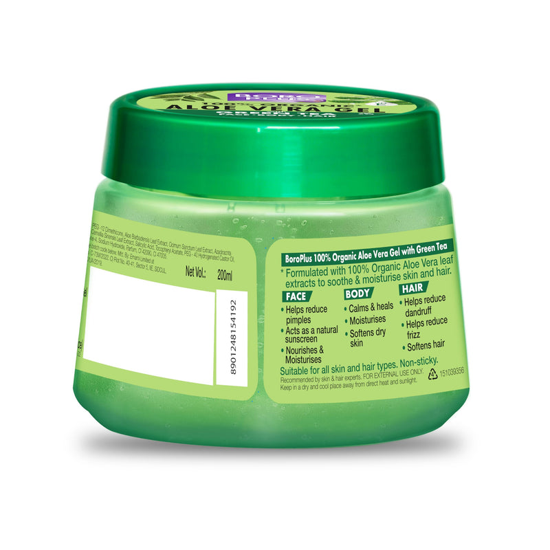 BOROPLUS Aloe Vera Gel with Green Tea & Vitamin E | 100% Organic, Non-Sticky | Soothes Sunburn, Fights Pimples, Moisturizes Skin | Paraben-Free | 6.76 Fl Oz (200ml)