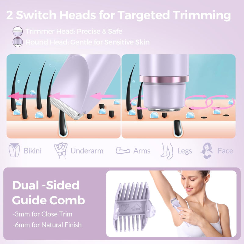 [Australia] - Bikini Trimmer for Women – 2-in-1 Electric Razor with Dual Heads, Ceramic Blades, Wet & Dry Use, USB Rechargeable, Skin-Friendly Shaver for Bikini Line, Underarms & Sensitive Areas – Lavender Purple 