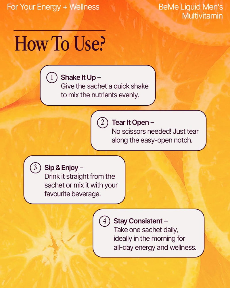 BeMe Liquid Multivitamins for Men - Advanced Liquid Delivery System with 13 Vitamins & Minerals - Tear & Go Sachets, Non-GMO, Orange Flavor (30 Sachets) Orange - Men 21 Fl Oz (Pack of 1)