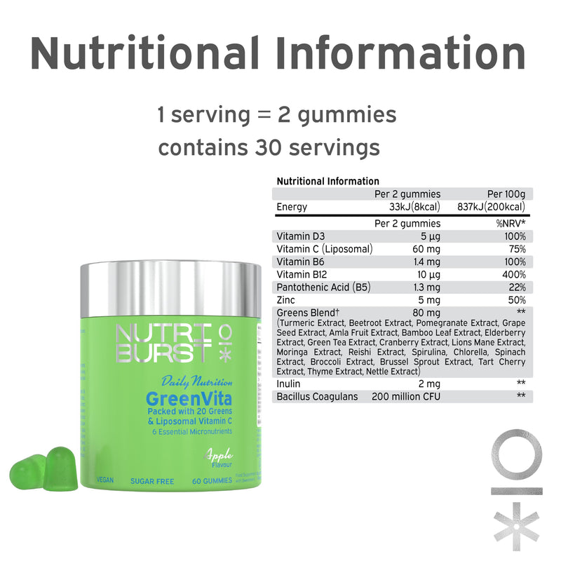 Nutriburst GreenVita - Super Greens Blend Gummies - Fruit + Veg + 100% Fruiting Bodies Mushrooms + 200 Million Live Bacteria Cultures - Boosted with Vitamins - 1 Month Supply - Suitable for Vegans 60 Count (Pack of 1) Greens + Probiotics