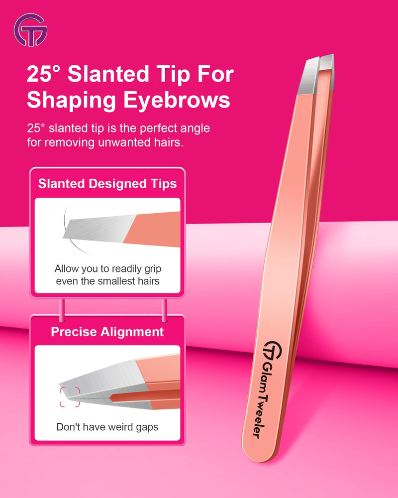 Expert Slant and Point Tip Tweezer Set with Exclusive Travel Case, GlamTweeler Sharp & Precision Tweezer Set for Eyebrows, Facial Hairs & Fine Hairs Removal (Rose Gold)
