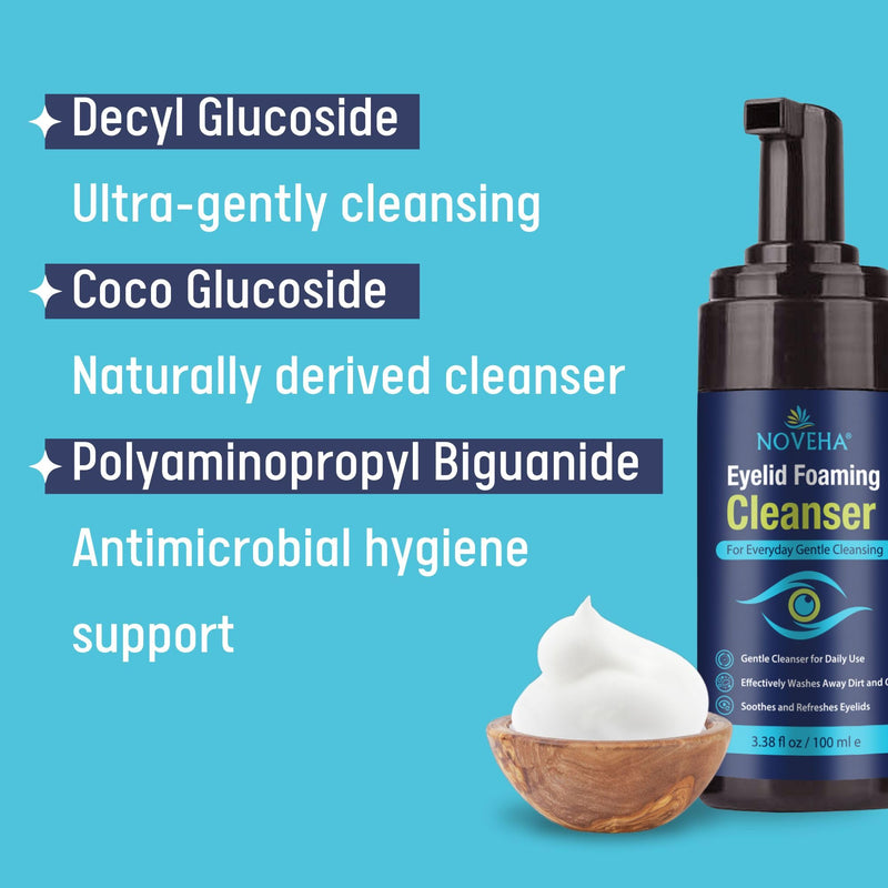 [Australia] - NOVEHA Eyelid Foaming Cleanser | Everyday Scrub for Soothing Relief | Refreshing Mild Eye Lid Wash to Remove Pollen, Dirt & Oil | Lash Shampoo & Makeup Remover to Support Healthy Eyes | 3.4oz 
