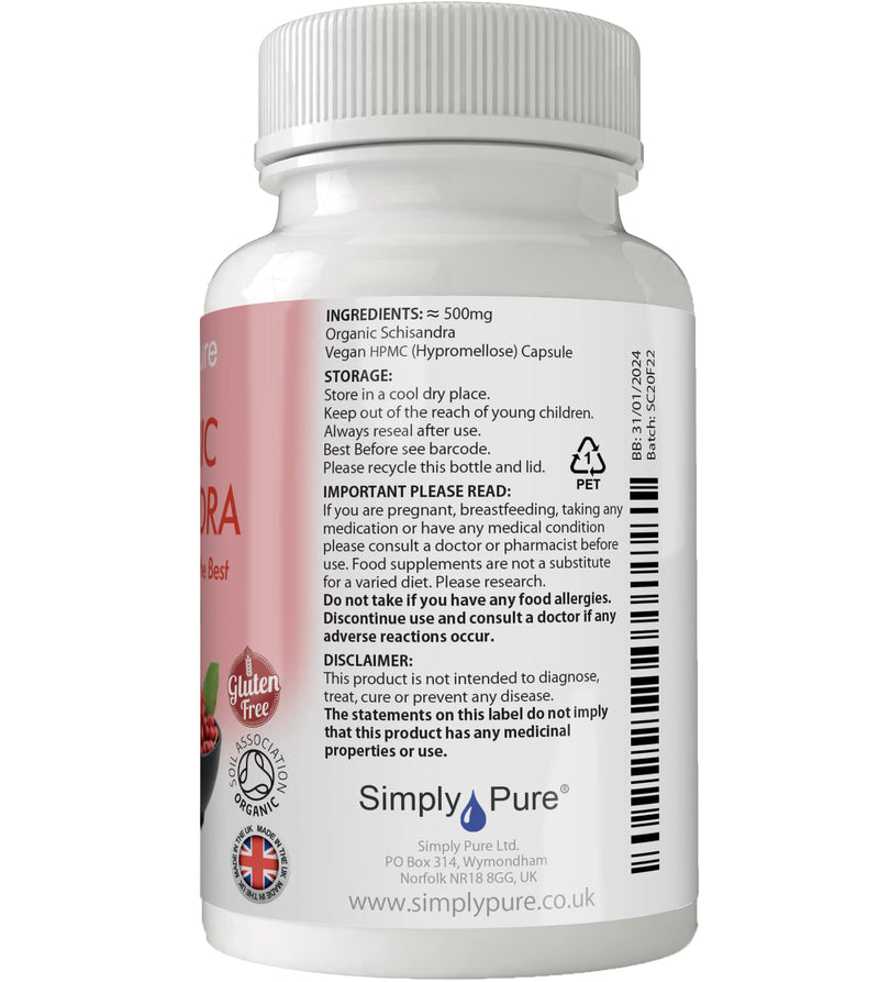 Organic Schisandra for Energy, Mental Balance & Stress Resilience | 500mg Capsules x 90 |100% Pure Soil Association Certified | Gluten Free | GM Free | Vegan