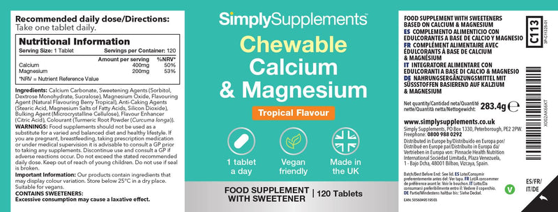 Calcium & Magnesium Chewable Tablets | Supports Bone Strength, Muscle Function & Energy | Tasty Tropical Flavour | Vegan Friendly | 120 Tablets = 4 Months’ Supply | GMP-Certified & UK-Made New Label Design