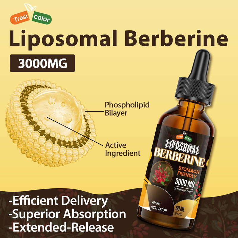 3000mg Berberine Supplement Liquid Drops - High Bioavailability Liposomal Berberine Supplements, Berberine HCL Complex with Ceylon Cinnamon Plus Turmeric, AMPK Activator, Suitable for Women,Men-60ml 2 Fl Oz (Pack of 1)