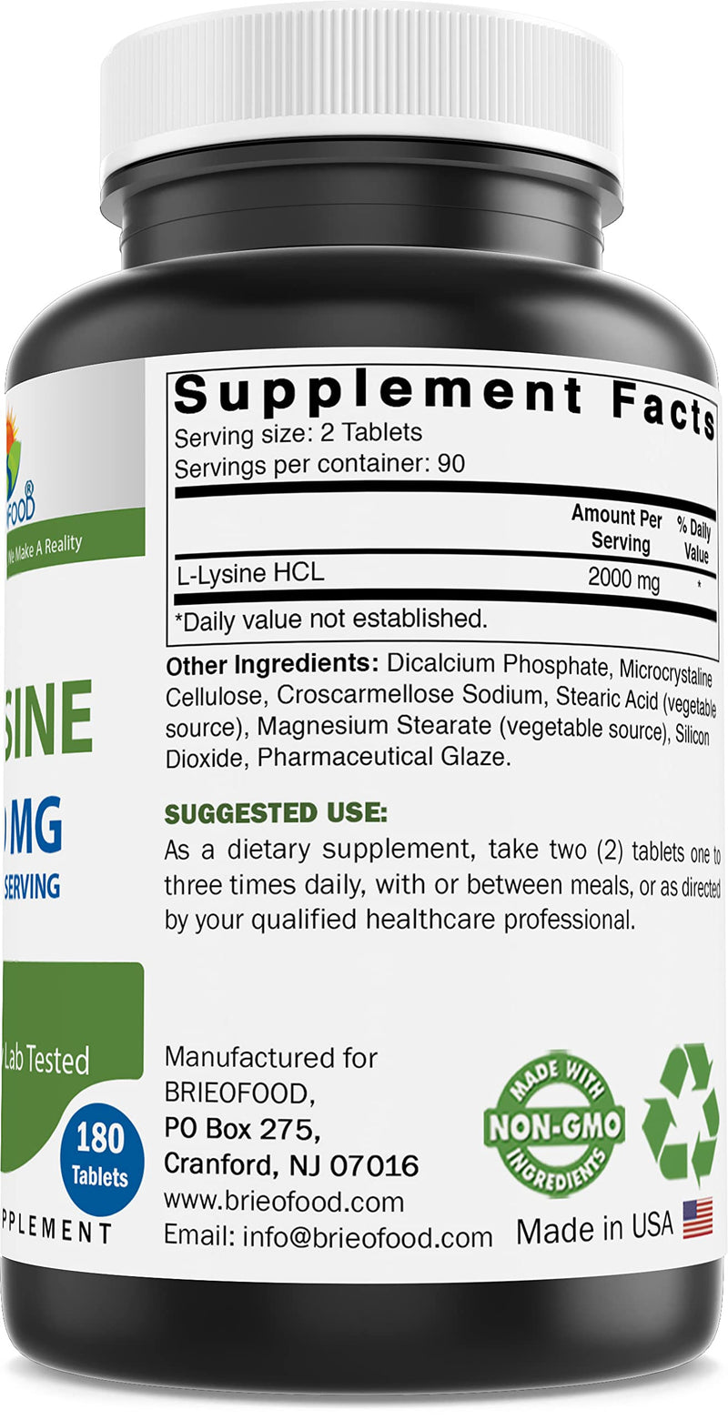 [Australia] - Brieofood L-Lysine 2000mg per Serving - 180 Vegetarian Tablets - Lysine for Cats & Immune Health 