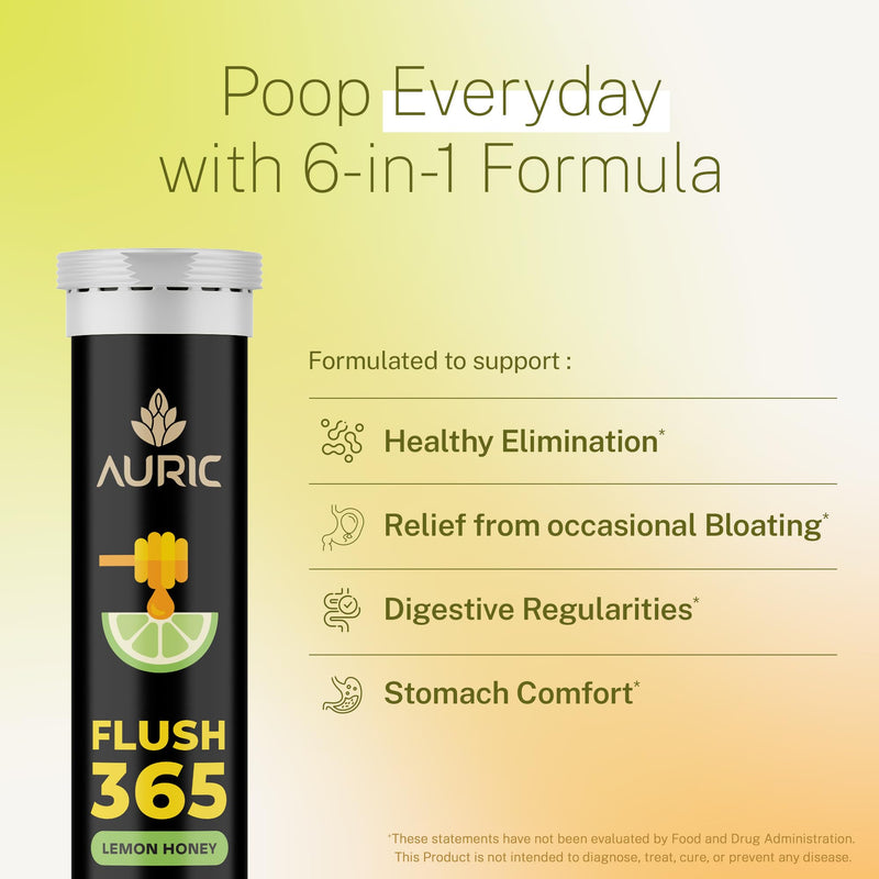 Auric Flush 365 Effervescent 20 Tablets with Triphala, Isabgol, Castor Oil & Senna | Honey Lemon Flavor | Plant-Based Supplement 20 count (Pack of 1)