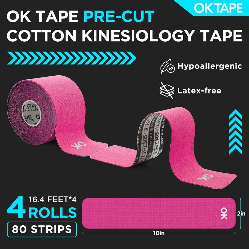 OK TAPE 4 Rolls Kinesiology Tape Precut, Cotton Elastic Athletic Tape Latex Free,20 Strips per Roll 2in x 16ft,Muscle Support,Pink Pink